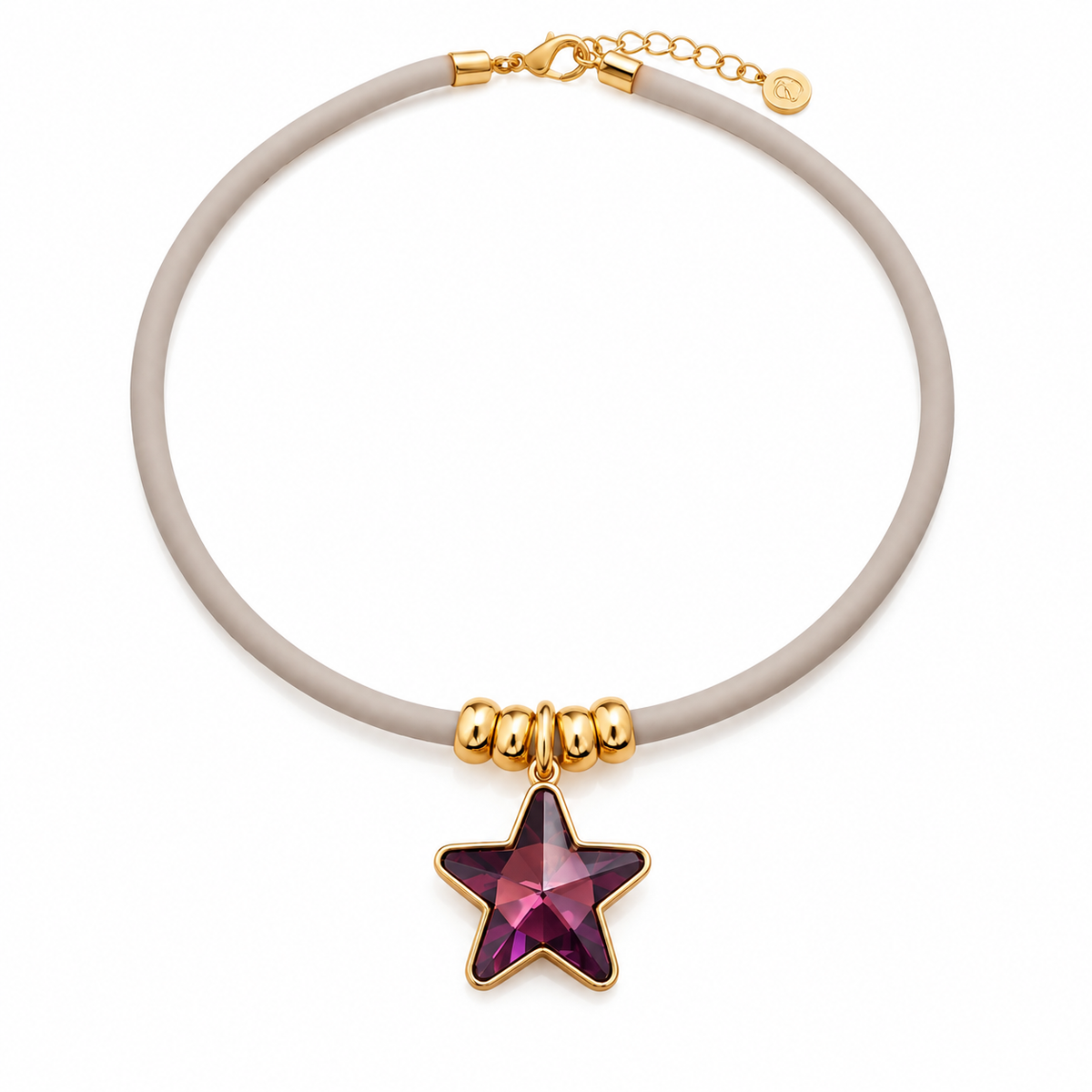 Collar Caucho taupe con Charm Estrella Astral Maxi y anilla desmontable - Alma de Plata