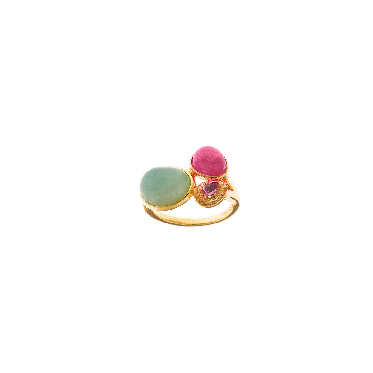 Anillo Mia de plata con baño de oro, piedra turquesa, piedra rosa y circonita - Alma de Plata