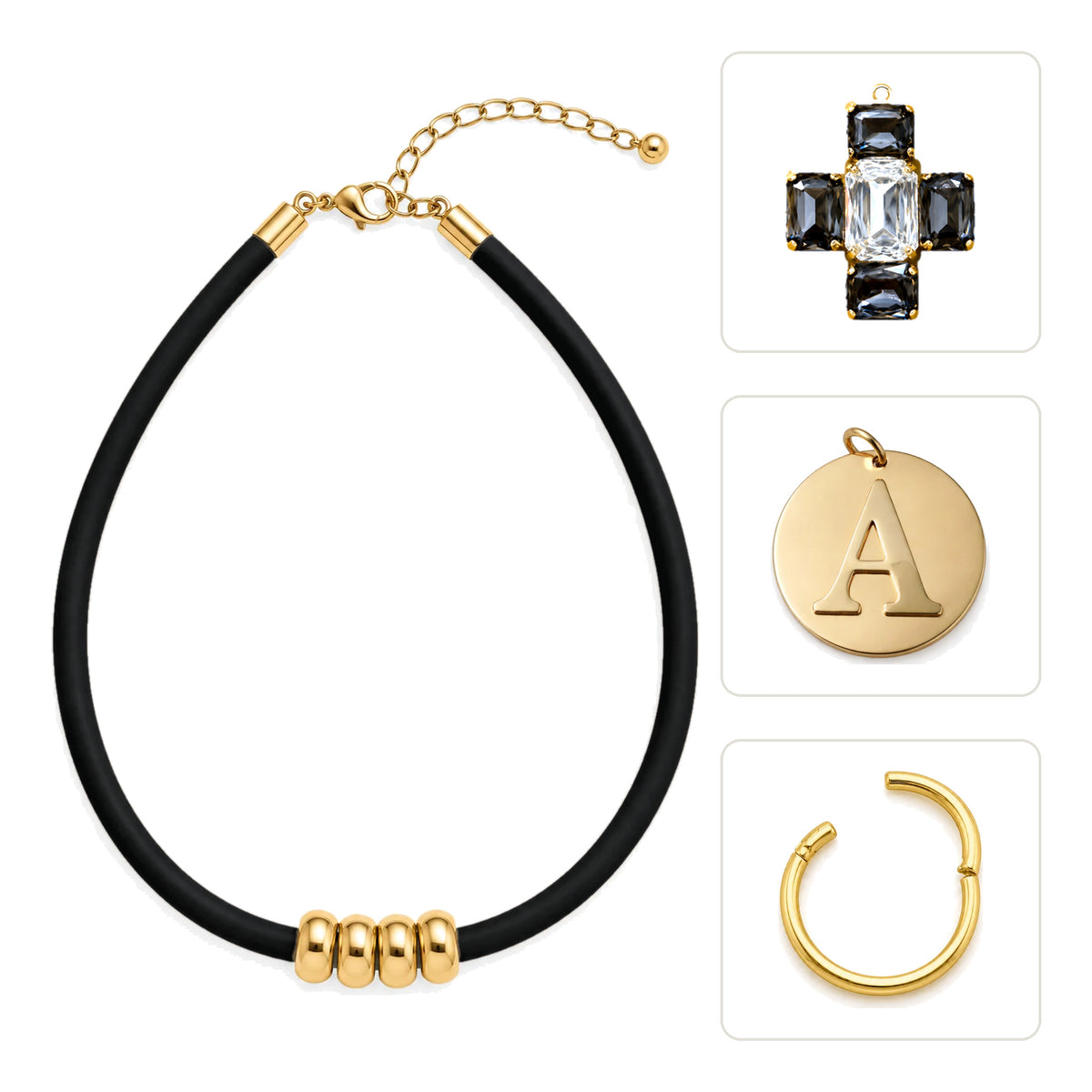 PACK COLLAR CAUCHO + CRUZ ESENZA + CHARM INICIAL MAGNA